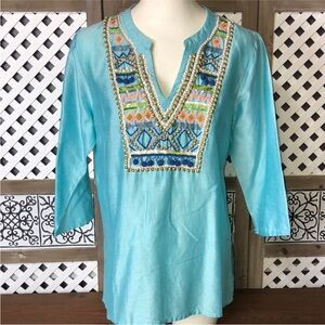 Tommy Bahama Aqua Embroidered Tunic Top